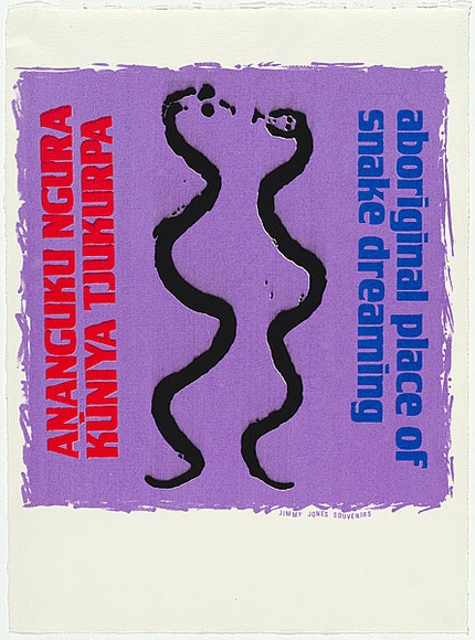 Artist: b'WORSTEAD, Paul' | Title: b'Aboriginal place of snake dreaming - ANANGUKU NGURA KUNIYA TJUKURPA' | Date: 1983 | Technique: b'screenprint, printed in colour, from four stencils' | Copyright: b'This work appears on screen courtesy of the artist' Artist: b'WORSTEAD, Paul' | Title: b'Aboriginal place of snake dreaming - ANANGUKU NGURA KUNIYA TJUKURPA' | Date: 1983 | Technique: b'screenprint, printed in colour, from four stencils' | Copyright: b'This work appears on screen courtesy of the artist'
