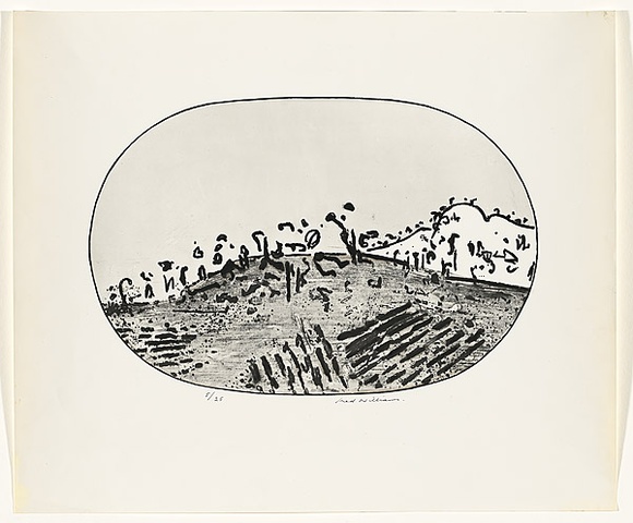 Artist: b'WILLIAMS, Fred' | Title: b'The first Rothbury Label' | Date: 1970 | Technique: b'etching rough biting, burnishing, printed in black ink, from one zinc plate' | Copyright: b'\xc2\xa9 Fred Williams Estate' Artist: b'WILLIAMS, Fred' | Title: b'The first Rothbury Label' | Date: 1970 | Technique: b'etching rough biting, burnishing, printed in black ink, from one zinc plate' | Copyright: b'\xc2\xa9 Fred Williams Estate'