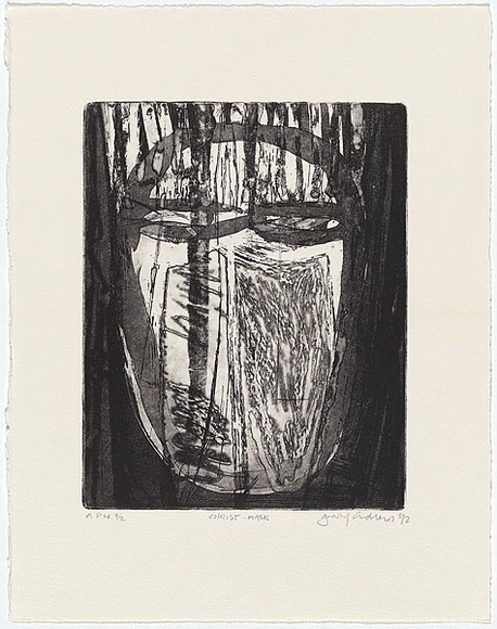 Artist: b'Andrews, Garry.' | Title: b'Christ - mask' | Date: 1992, November | Technique: b'etching, aquatint and open bite, printed in black ink from one plate' | Copyright: b'\xc2\xa9 Garry Andrews. Licensed by VISCOPY, Australia' Artist: b'Andrews, Garry.' | Title: b'Christ - mask' | Date: 1992, November | Technique: b'etching, aquatint and open bite, printed in black ink from one plate' | Copyright: b'\xc2\xa9 Garry Andrews. Licensed by VISCOPY, Australia'