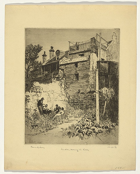 Artist: LINDSAY, Lionel | Title: Sunday morning, the Rocks | Date: 1918 | Technique: etching and drypoint, printed in black ink with plate-tone, from one plate | Copyright: Courtesy of the National Library of Australia Artist: LINDSAY, Lionel | Title: Sunday morning, the Rocks | Date: 1918 | Technique: etching and drypoint, printed in black ink with plate-tone, from one plate | Copyright: Courtesy of the National Library of Australia