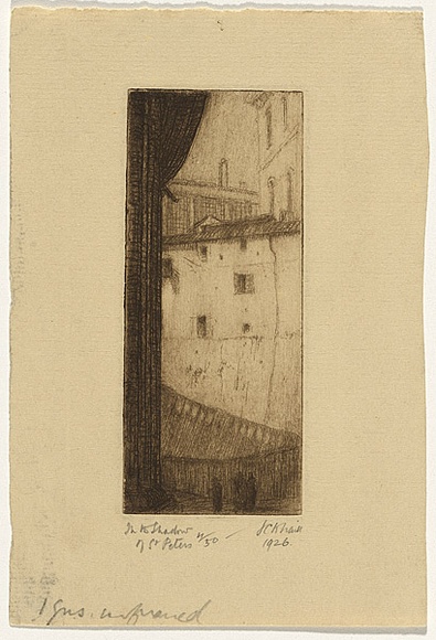 Artist: b'Traill, Jessie.' | Title: b'In the shadow of St Peters' | Date: 1926 | Technique: b'etching, printed in warm black ink with plate-tone, from one plate' Artist: b'Traill, Jessie.' | Title: b'In the shadow of St Peters' | Date: 1926 | Technique: b'etching, printed in warm black ink with plate-tone, from one plate'