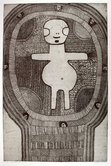 Artist: b'MUNGATOPI, Maryanne' | Title: b'Sun-woman at Wuriupi' | Date: 2000, February | Technique: b'etching, printed in black ink, from one plate' Artist: b'MUNGATOPI, Maryanne' | Title: b'Sun-woman at Wuriupi' | Date: 2000, February | Technique: b'etching, printed in black ink, from one plate'