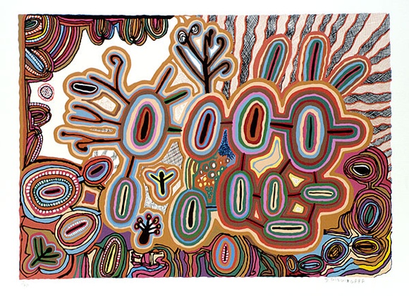 Artist: b'Gingingara, Doris.' | Title: b'Hunting for ducks and geese' | Date: 1989 | Technique: b'screenprint, printed in colour, from multiple stencils' Artist: b'Gingingara, Doris.' | Title: b'Hunting for ducks and geese' | Date: 1989 | Technique: b'screenprint, printed in colour, from multiple stencils'