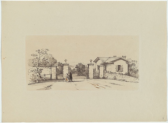 Artist: b'Martens, Conrad.' | Title: b'The Lower Lodge, Domain.' | Date: 1850-59 | Technique: b'lithograph, printed in black ink, from one stone; hand-coloured' Artist: b'Martens, Conrad.' | Title: b'The Lower Lodge, Domain.' | Date: 1850-59 | Technique: b'lithograph, printed in black ink, from one stone; hand-coloured'