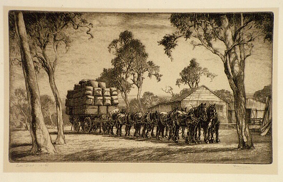 Artist: b'Warner, Alfred Edward.' | Title: b'Late start' | Date: c.1935 | Technique: b'etching, printed in brown ink with plate-tone, from one plate' Artist: b'Warner, Alfred Edward.' | Title: b'Late start' | Date: c.1935 | Technique: b'etching, printed in brown ink with plate-tone, from one plate'