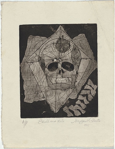 Artist: b'Cilento, Margaret.' | Title: b'Skull and kite.' | Date: 1949 | Technique: b'engraving, etching and aquatint, printed in black ink with plate-tone, from one plate' Artist: b'Cilento, Margaret.' | Title: b'Skull and kite.' | Date: 1949 | Technique: b'engraving, etching and aquatint, printed in black ink with plate-tone, from one plate'