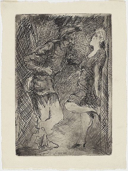Artist: b'Dyson, Edward Ambrose.' | Title: b'(The proposition).' | Date: c.1942 | Technique: b'etching, drypoint, printed in black ink with plate-tone, from one plate' Artist: b'Dyson, Edward Ambrose.' | Title: b'(The proposition).' | Date: c.1942 | Technique: b'etching, drypoint, printed in black ink with plate-tone, from one plate'