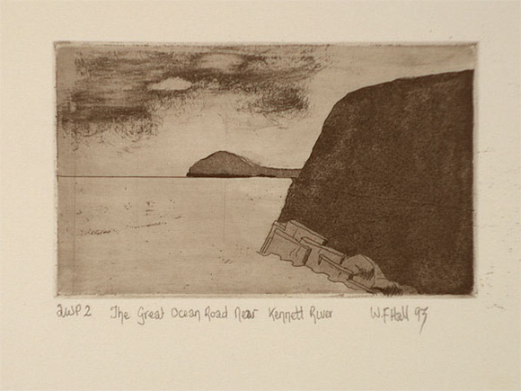 Artist: b'Hall, Wayne.' | Title: b'The Great Ocean Road near Kennett River' | Date: 1993 | Technique: b'etching, printed in sepia ink, from one plate' Artist: b'Hall, Wayne.' | Title: b'The Great Ocean Road near Kennett River' | Date: 1993 | Technique: b'etching, printed in sepia ink, from one plate'