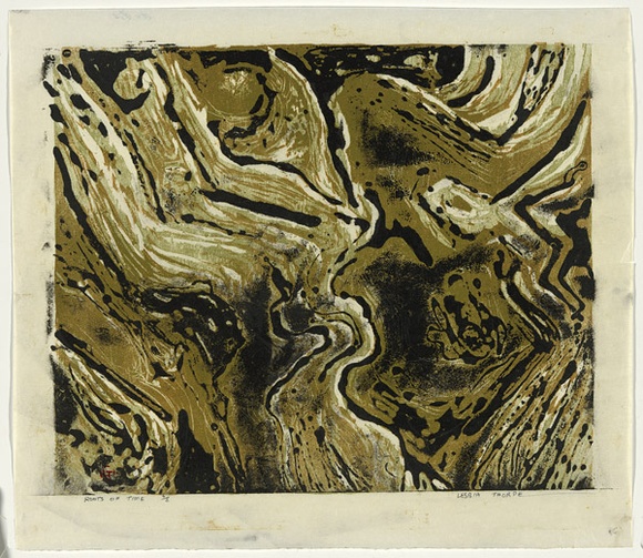 Artist: b'Thorpe, Lesbia.' | Title: b'Roots of time' | Date: 1960 | Technique: b'woodcut, printed in colour, from four blocks' Artist: b'Thorpe, Lesbia.' | Title: b'Roots of time' | Date: 1960 | Technique: b'woodcut, printed in colour, from four blocks'