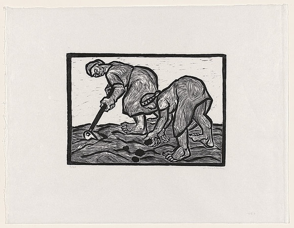 Artist: b'Groblicka, Lidia.' | Title: b'Potato diggers' | Date: 1957 | Technique: b'woodcut, printed in black ink, from one block' Artist: b'Groblicka, Lidia.' | Title: b'Potato diggers' | Date: 1957 | Technique: b'woodcut, printed in black ink, from one block'
