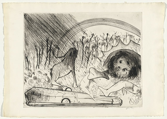 Artist: b'BOYD, Arthur' | Title: b'Lions with bone in wooded landscape (The last of St Jerome).' | Date: (1968-69) | Technique: b'etching and drypoint, printed in black ink, from one plate' | Copyright: b'Reproduced with permission of Bundanon Trust' Artist: b'BOYD, Arthur' | Title: b'Lions with bone in wooded landscape (The last of St Jerome).' | Date: (1968-69) | Technique: b'etching and drypoint, printed in black ink, from one plate' | Copyright: b'Reproduced with permission of Bundanon Trust'