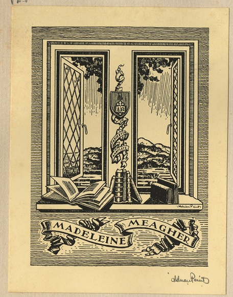 Artist: b'FEINT, Adrian' | Title: b'Bookplate: Madeleine Meagher.' | Date: (1933) | Technique: b'process block, printed in black ink, from one block' | Copyright: b'Courtesy the Estate of Adrian Feint' Artist: b'FEINT, Adrian' | Title: b'Bookplate: Madeleine Meagher.' | Date: (1933) | Technique: b'process block, printed in black ink, from one block' | Copyright: b'Courtesy the Estate of Adrian Feint'