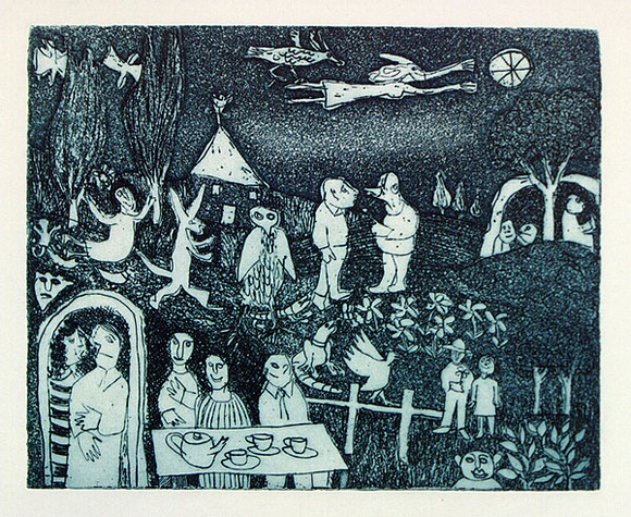 Artist: b'Allen, Joyce.' | Title: b'(Tea party).' | Date: (1980s) | Technique: b'etching, aquatint printed in blue ink, from one plate' Artist: b'Allen, Joyce.' | Title: b'(Tea party).' | Date: (1980s) | Technique: b'etching, aquatint printed in blue ink, from one plate'