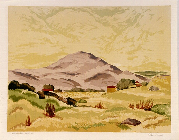 Artist: b'Sumner, Alan.' | Title: b'Lysterfield landscape' | Date: 1948 | Technique: b'screenprint, printed in colour, from 16 stencils' Artist: b'Sumner, Alan.' | Title: b'Lysterfield landscape' | Date: 1948 | Technique: b'screenprint, printed in colour, from 16 stencils'