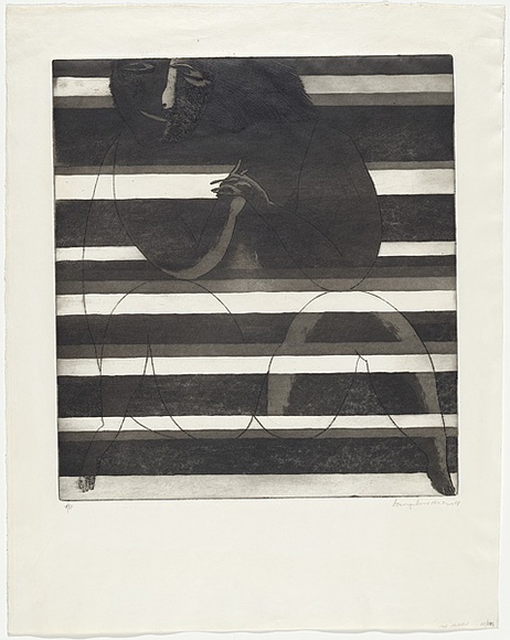 Artist: b'BALDESSIN, George' | Title: b'(Seated female nude juxtaposed with horizontal stripes).' | Date: 1968 | Technique: b'etching and aquatint, printed in black ink, from one plate' Artist: b'BALDESSIN, George' | Title: b'(Seated female nude juxtaposed with horizontal stripes).' | Date: 1968 | Technique: b'etching and aquatint, printed in black ink, from one plate'