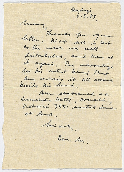 Title: b'Letter of thanks to Mary Page 1983' | Date: 1983 | Technique: b'hand-written letter'