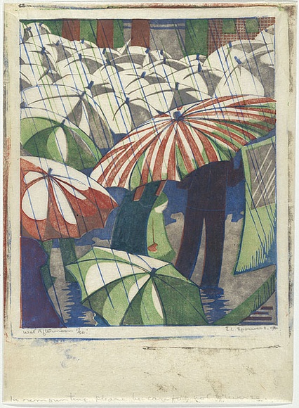 Artist: b'Spowers, Ethel.' | Title: b'Wet afternoon.' | Date: 1929-30 | Technique: b'linocut, printed in colour, from four blocks (grey, cobalt blue, reddish brown, emerald green)' Artist: b'Spowers, Ethel.' | Title: b'Wet afternoon.' | Date: 1929-30 | Technique: b'linocut, printed in colour, from four blocks (grey, cobalt blue, reddish brown, emerald green)'