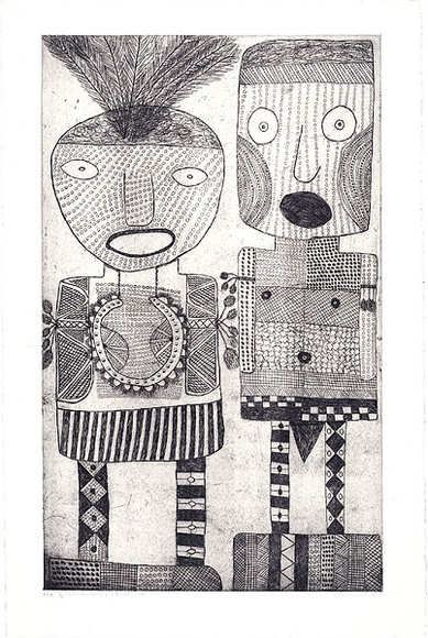 Artist: b'MUNGATOPI, Maryanne' | Title: b'Murrukupwara and malakaninga' | Date: 1997, July | Technique: b'etching, printed in black ink with plate-tone, from one plate' Artist: b'MUNGATOPI, Maryanne' | Title: b'Murrukupwara and malakaninga' | Date: 1997, July | Technique: b'etching, printed in black ink with plate-tone, from one plate'