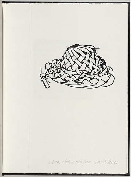 Artist: b'White, Robin.' | Title: b'Not titled (a hat woven from coconut leaves).' | Date: 1985 | Technique: b'woodcut, printed in black ink, from one block' Artist: b'White, Robin.' | Title: b'Not titled (a hat woven from coconut leaves).' | Date: 1985 | Technique: b'woodcut, printed in black ink, from one block'