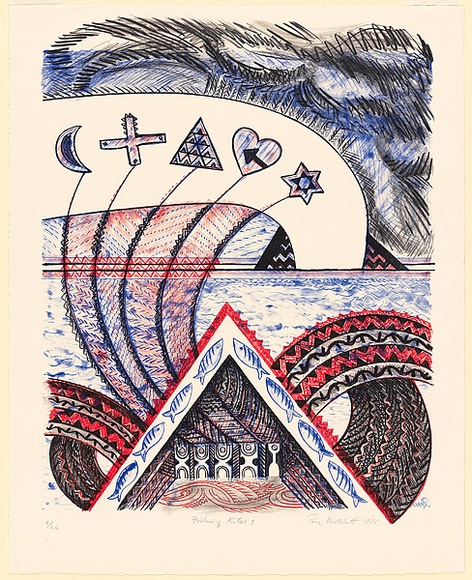 Artist: b'Matchitt, Para.' | Title: b'Fishing kites I' | Date: 1988 | Technique: b'lithograph, printed in colour, from three plates' Artist: b'Matchitt, Para.' | Title: b'Fishing kites I' | Date: 1988 | Technique: b'lithograph, printed in colour, from three plates'