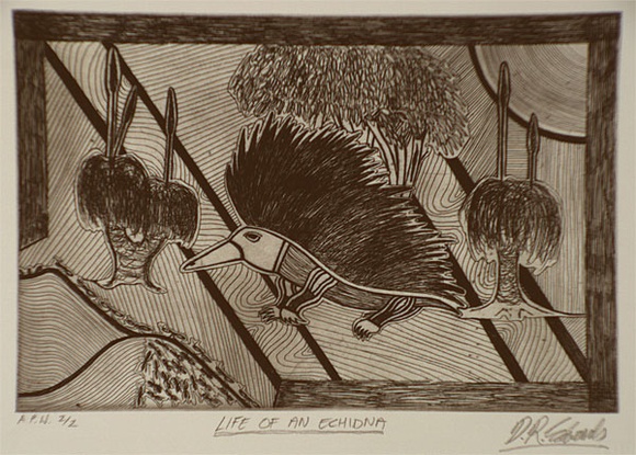Artist: b'Edwards, David.' | Title: b'Life of an echidna' | Date: 1999, April | Technique: b'etching, printed in black ink, from one plate' Artist: b'Edwards, David.' | Title: b'Life of an echidna' | Date: 1999, April | Technique: b'etching, printed in black ink, from one plate'