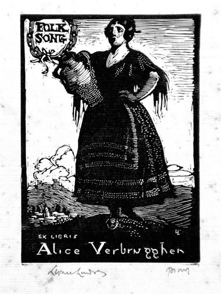 Artist: b'LINDSAY, Lionel' | Title: b'Book plate: Alice Verbrugghen' | Date: 1920 | Technique: b'wood-engraving, printed in black ink, from one block' | Copyright: b'Courtesy of the National Library of Australia' Artist: b'LINDSAY, Lionel' | Title: b'Book plate: Alice Verbrugghen' | Date: 1920 | Technique: b'wood-engraving, printed in black ink, from one block' | Copyright: b'Courtesy of the National Library of Australia'