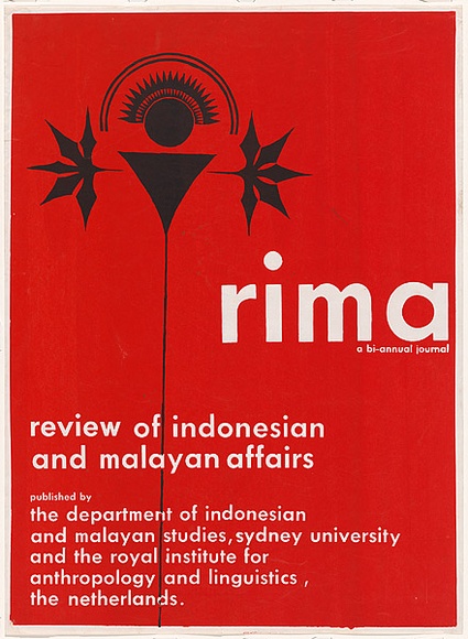 Artist: b'Lane, Leonie.' | Title: b'RIMA a bi-annual journal. Review of Indonesian and Malayan affairs.' | Date: 1978 | Technique: b'screenprint, printed in colour, from two stencils' | Copyright: b'\xc2\xa9 Leonie Lane' Artist: b'Lane, Leonie.' | Title: b'RIMA a bi-annual journal. Review of Indonesian and Malayan affairs.' | Date: 1978 | Technique: b'screenprint, printed in colour, from two stencils' | Copyright: b'\xc2\xa9 Leonie Lane'