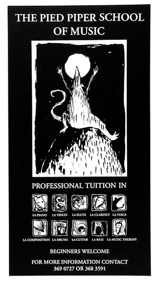 Artist: b'Ranger, Cindy.' | Title: b'The Pied Piper School of Music (large)' | Date: 1991, December | Technique: b'screenprint, printed in black ink, from one stencil' Artist: b'Ranger, Cindy.' | Title: b'The Pied Piper School of Music (large)' | Date: 1991, December | Technique: b'screenprint, printed in black ink, from one stencil'