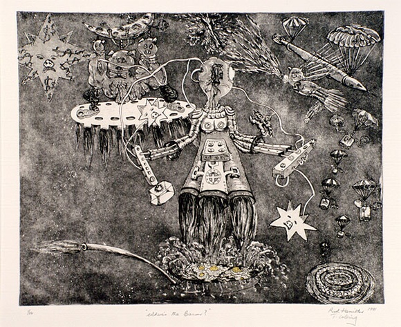 Artist: b'Hamilton, Rod.' | Title: b'Where\'s the Bacon?.' | Date: 1991 | Technique: b'etching and aquatint, printed in black ink, from one plate; hand-coloured' Artist: b'Hamilton, Rod.' | Title: b'Where\'s the Bacon?.' | Date: 1991 | Technique: b'etching and aquatint, printed in black ink, from one plate; hand-coloured'