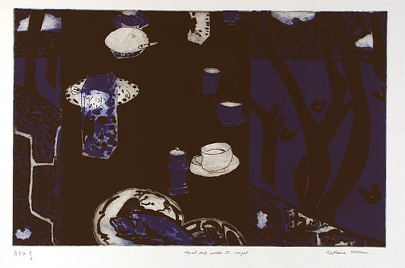 Artist: b'Hattam, Katherine.' | Title: b'Food and water II night' | Date: 1998, September | Technique: b'etching and aquatint, printed in colour, from multiple plates; handcoloured' Artist: b'Hattam, Katherine.' | Title: b'Food and water II night' | Date: 1998, September | Technique: b'etching and aquatint, printed in colour, from multiple plates; handcoloured'