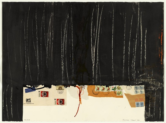 Artist: b'Lynn, Elwyn.' | Title: b'Bauhaus' | Date: 1983, 8 August | Technique: b'lithograph, printed in black ink, from one stone; collage, postage stamps and envelopes; hand applied ink and paint' Artist: b'Lynn, Elwyn.' | Title: b'Bauhaus' | Date: 1983, 8 August | Technique: b'lithograph, printed in black ink, from one stone; collage, postage stamps and envelopes; hand applied ink and paint'
