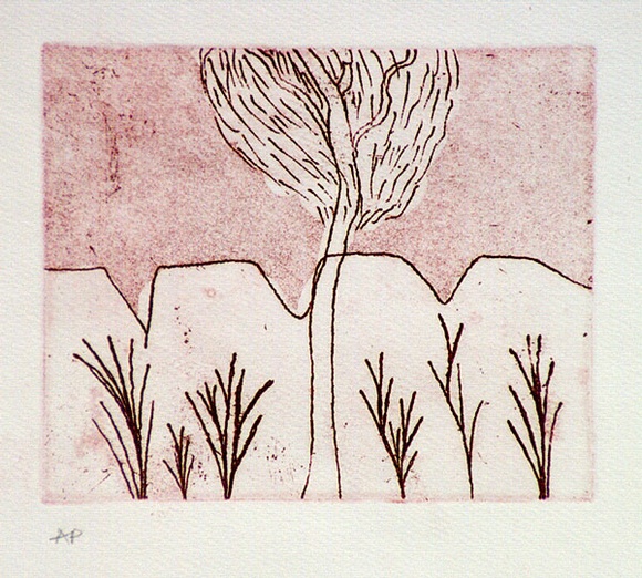 Artist: b'Dougal, Martin.' | Title: b'(Hills and trees)' | Date: 1986 | Technique: b'etching and aquatint, printed in red ink, from one plate' Artist: b'Dougal, Martin.' | Title: b'(Hills and trees)' | Date: 1986 | Technique: b'etching and aquatint, printed in red ink, from one plate'