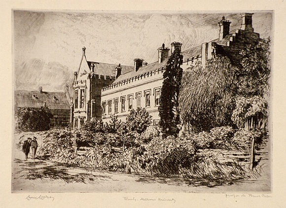 Artist: b'LINDSAY, Lionel' | Title: b'Trinity College, Melbourne University' | Date: 1914 | Technique: b'etching and foul biting, printed in black ink, from one plate' | Copyright: b'Courtesy of the National Library of Australia' Artist: b'LINDSAY, Lionel' | Title: b'Trinity College, Melbourne University' | Date: 1914 | Technique: b'etching and foul biting, printed in black ink, from one plate' | Copyright: b'Courtesy of the National Library of Australia'
