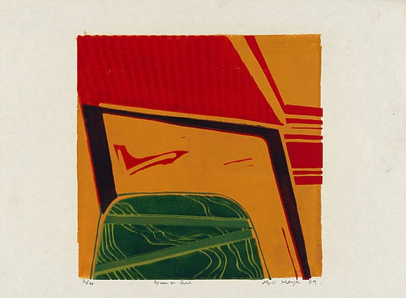 Artist: b'MEYER, Bill' | Title: b'Green on red' | Date: 1969 | Technique: b'linocut, printed in colour, from single block, reduction process' | Copyright: b'\xc2\xa9 Bill Meyer' Artist: b'MEYER, Bill' | Title: b'Green on red' | Date: 1969 | Technique: b'linocut, printed in colour, from single block, reduction process' | Copyright: b'\xc2\xa9 Bill Meyer'