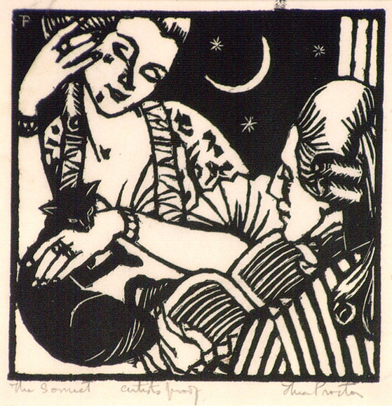 Artist: b'Proctor, Thea.' | Title: b'The sonnet' | Date: 1928 | Technique: b'woodcut, printed in black ink, from one block' | Copyright: b'\xc2\xa9 Art Gallery of New South Wales' Artist: b'Proctor, Thea.' | Title: b'The sonnet' | Date: 1928 | Technique: b'woodcut, printed in black ink, from one block' | Copyright: b'\xc2\xa9 Art Gallery of New South Wales'