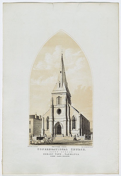 Artist: b'PHILIP, James B.' | Title: b'Congregational Church, Davey Street, Hobart Town, Tasmania.' | Date: c.1854 | Technique: b'lithograph, printed in colour, from two stones' Artist: b'PHILIP, James B.' | Title: b'Congregational Church, Davey Street, Hobart Town, Tasmania.' | Date: c.1854 | Technique: b'lithograph, printed in colour, from two stones'