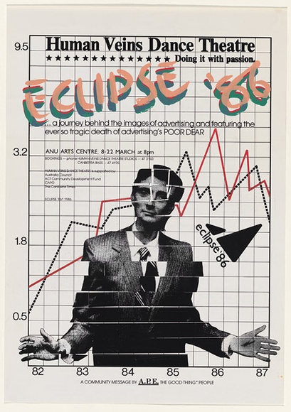 Artist: b'UNKNOWN' | Title: bHuman Veins Dance Theatre... Eclipse '86 | Date: 1986 | Technique: b'offset-lithograph, printed in colour, from multiple plates' Artist: b'UNKNOWN' | Title: bHuman Veins Dance Theatre... Eclipse '86 | Date: 1986 | Technique: b'offset-lithograph, printed in colour, from multiple plates'