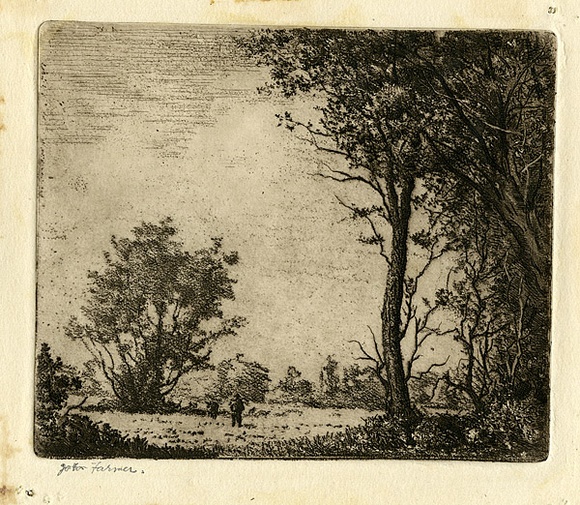 Artist: b'Farmer, John.' | Title: b'Landscape with figures.' | Date: c.1960 | Technique: b'etching, softground etching, printed in black ink with plate-tone, from one plate' Artist: b'Farmer, John.' | Title: b'Landscape with figures.' | Date: c.1960 | Technique: b'etching, softground etching, printed in black ink with plate-tone, from one plate'