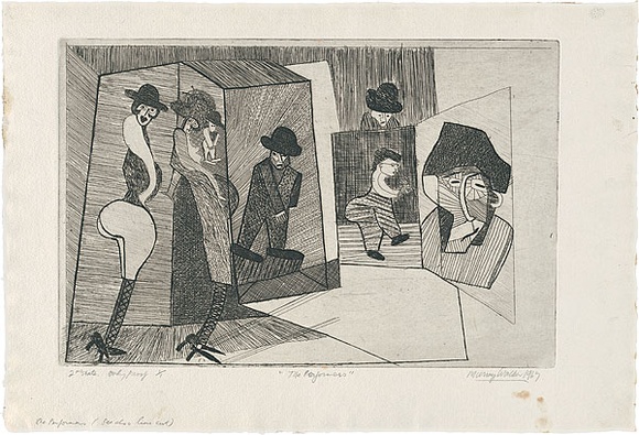 Artist: b'WALKER, Murray' | Title: b'The performers.' | Date: 1967 | Technique: b'etching, printed in black ink, from one plate'