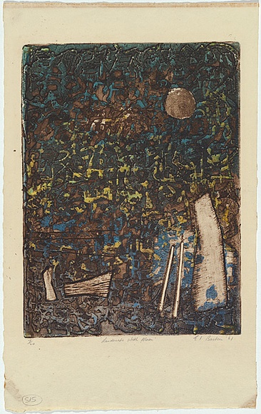 Artist: b'Backen, Earle.' | Title: b'Landscape with moon' | Date: c.1960 | Technique: b'deep etch, printed in intaglio and relief in colour, from one plate' Artist: b'Backen, Earle.' | Title: b'Landscape with moon' | Date: c.1960 | Technique: b'deep etch, printed in intaglio and relief in colour, from one plate'