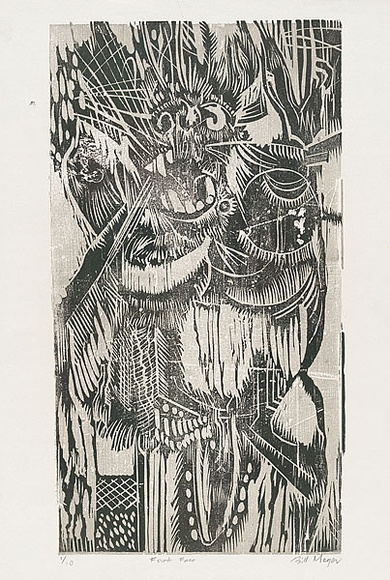 Artist: b'MEYER, Bill' | Title: b'Forest face' | Date: 1968 | Technique: b'woodcut, printed in colour, from two blocks' | Copyright: b'\xc2\xa9 Bill Meyer' Artist: b'MEYER, Bill' | Title: b'Forest face' | Date: 1968 | Technique: b'woodcut, printed in colour, from two blocks' | Copyright: b'\xc2\xa9 Bill Meyer'