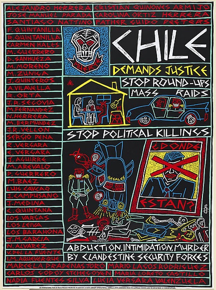 Artist: b'Kantilla, Osmond.' | Title: b'Amnesty: Chile demands justice.' | Date: 1987 | Technique: b'screenprint, printed in colour, from five stencils' | Copyright: b'\xc2\xa9 Michael Callaghan' Artist: b'Kantilla, Osmond.' | Title: b'Amnesty: Chile demands justice.' | Date: 1987 | Technique: b'screenprint, printed in colour, from five stencils' | Copyright: b'\xc2\xa9 Michael Callaghan'