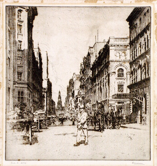 Artist: b'Warner, Alfred Edward.' | Title: b'York Street, Sydney' | Date: 1922 | Technique: b'etching, printed in warm black ink with plate-tone, from one plate' Artist: b'Warner, Alfred Edward.' | Title: b'York Street, Sydney' | Date: 1922 | Technique: b'etching, printed in warm black ink with plate-tone, from one plate'