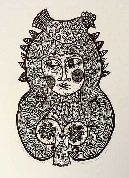 Artist: b'HANRAHAN, Barbara' | Title: b'Girl with a bird on her head.' | Date: 1989 | Technique: b'linocut, printed in black ink, from one block' Artist: b'HANRAHAN, Barbara' | Title: b'Girl with a bird on her head.' | Date: 1989 | Technique: b'linocut, printed in black ink, from one block'