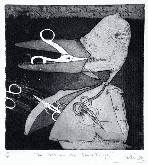 Artist: b'Ellis, Peter.' | Title: b'The duck who ate sharp things.' | Date: 1978 | Technique: b'etching and aquatint, printed in black ink, from one plate' Artist: b'Ellis, Peter.' | Title: b'The duck who ate sharp things.' | Date: 1978 | Technique: b'etching and aquatint, printed in black ink, from one plate'