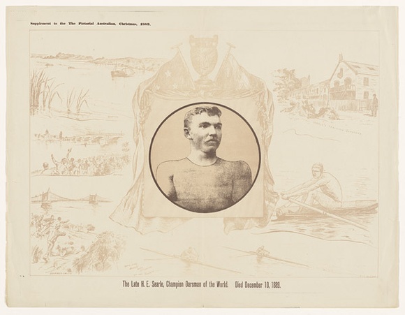 Artist: b'V., A.J.' | Title: b'The late H E Searle, Champion oarsman of the world.' | Date: 1889 | Technique: b'lithograph and photo-lithograph, printed in colour, from two stones' Artist: b'V., A.J.' | Title: b'The late H E Searle, Champion oarsman of the world.' | Date: 1889 | Technique: b'lithograph and photo-lithograph, printed in colour, from two stones'