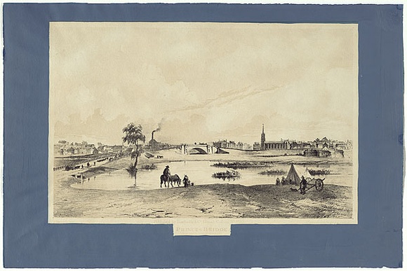 Title: bPrince's Bridge. From south side of Yarra | Date: 1853 | Technique: b'lithograph, printed in colour, from two stones; with blue paint (on borders)' Title: bPrince's Bridge. From south side of Yarra | Date: 1853 | Technique: b'lithograph, printed in colour, from two stones; with blue paint (on borders)'