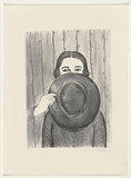 Artist: Walker, Deborah. | Title: not titled [woman with hat over face] | Date: 1986 | Technique: lithograph, printed in black ink, from one stone | Copyright: © Deborah Walker. Licensed by VISCOPY, Australia