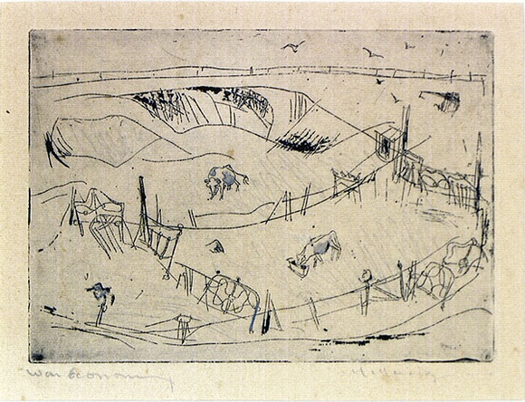 Artist: b'MACQUEEN, Mary' | Title: b'War economy' | Date: 1963 | Technique: b'etching, printed in black ink with plate-tone, from one plate; additions in pencil' | Copyright: b'Courtesy Paulette Calhoun, for the estate of Mary Macqueen' Artist: b'MACQUEEN, Mary' | Title: b'War economy' | Date: 1963 | Technique: b'etching, printed in black ink with plate-tone, from one plate; additions in pencil' | Copyright: b'Courtesy Paulette Calhoun, for the estate of Mary Macqueen'