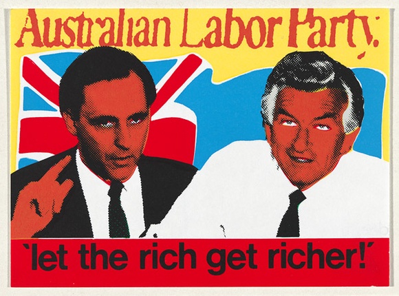 Artist: b'Robertson, Toni.' | Title: b'Postcard: Let the rich get richer (Australian labor party)' | Technique: b'screenprint, printed in colour, from multiple stencils' | Copyright: b'\xc2\xa9 Toni Robertson' Artist: b'Robertson, Toni.' | Title: b'Postcard: Let the rich get richer (Australian labor party)' | Technique: b'screenprint, printed in colour, from multiple stencils' | Copyright: b'\xc2\xa9 Toni Robertson'
